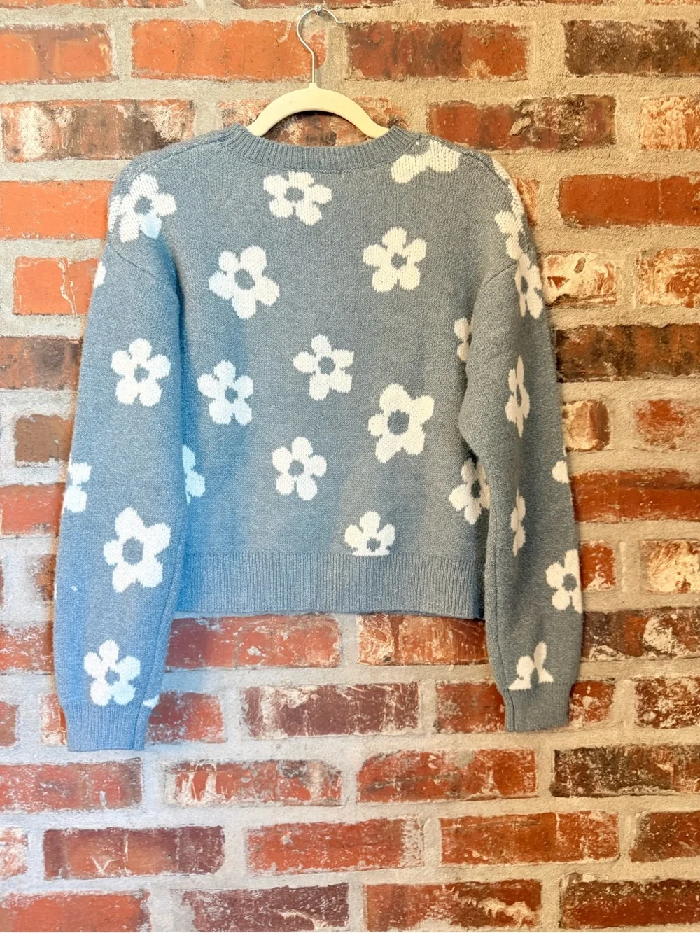 S49 - Hooked Up by IOT Blue Crewneck Sweater with White Floral Motif